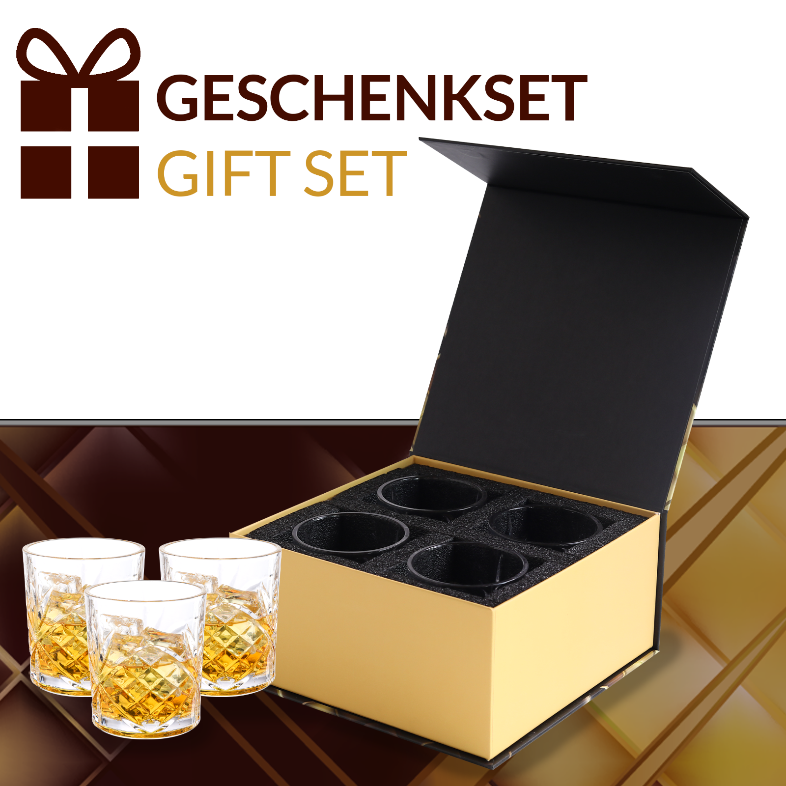 4 Whisky Gläser 300ml Set Kristall Whiskey Trink Rum Glas Schliff Tumbler Cross