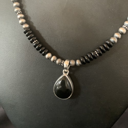 Pre-owned Handmade Mens Black Onyx Pendant Navajo Pearls Sterling Silver Necklace 11906
