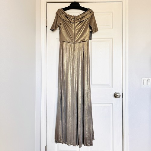 Pre-owned Tadashi Shoji Metallic Gold Aline Gown Short Sleeve Party Long Dress Maxi