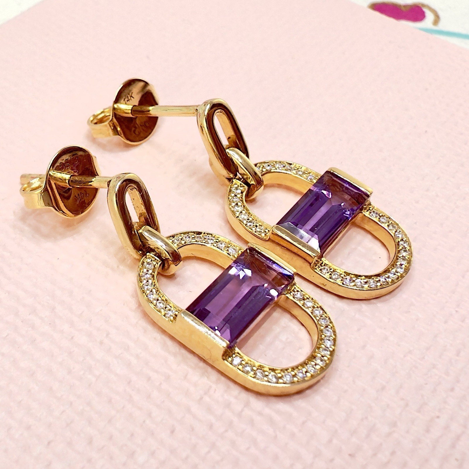 14k Yelow Gold Genuine Amethyst & Diamond Monernist Dangle Earrings, New - Picture 6 of 11