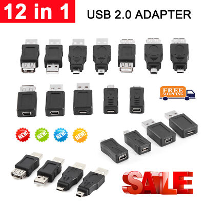 12 Pack USB 2.0 Adapter Set USB Male Female to Micro/Mini USB Converter Black
