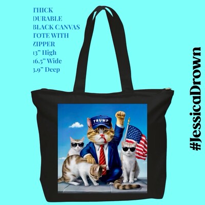 Funny TRUMP CATS HILARIOUS 13  High x16.4  Wide Black ZIPPER canvas tote Thick