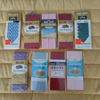 Sealed Deadstock Lot of 9 Vintage Seam Tape Binding Rick Rack Wrights Talon FOTL