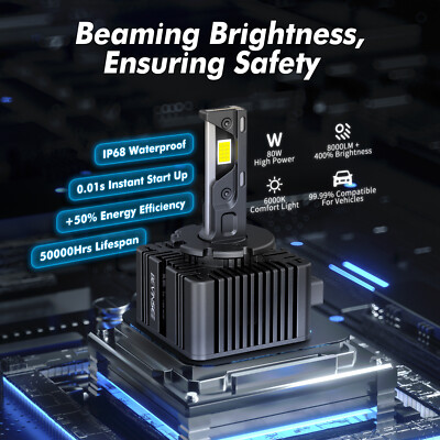 BEVINSEE D1S D1R LED Headlight Bulbs High/Low Beam 80W 8000LM 6000K HID Replace
