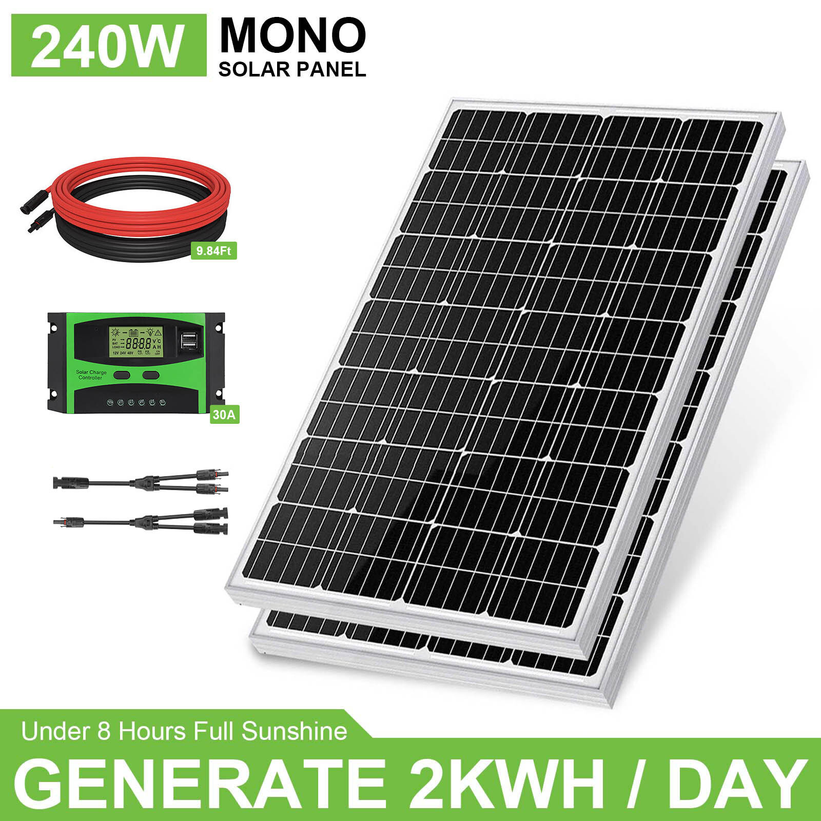 240 Watts 12 Volt Solar Panel Kit With 30A PWM Charge Controller for RV Caravan