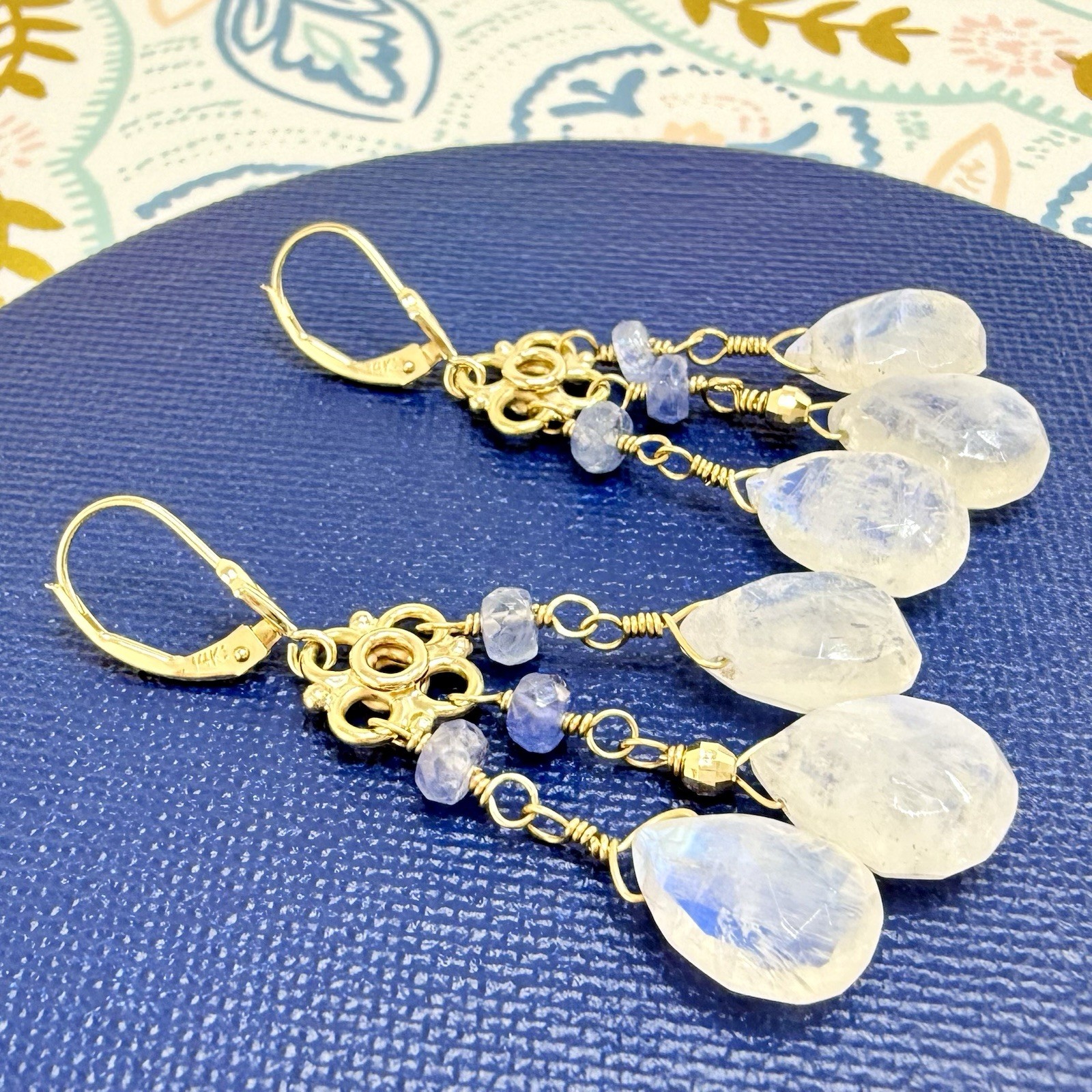14k Yellow Gold Genuine Rainbow Moonstone and Sapphire Chandelier Earrings, - Picture 3 of 11