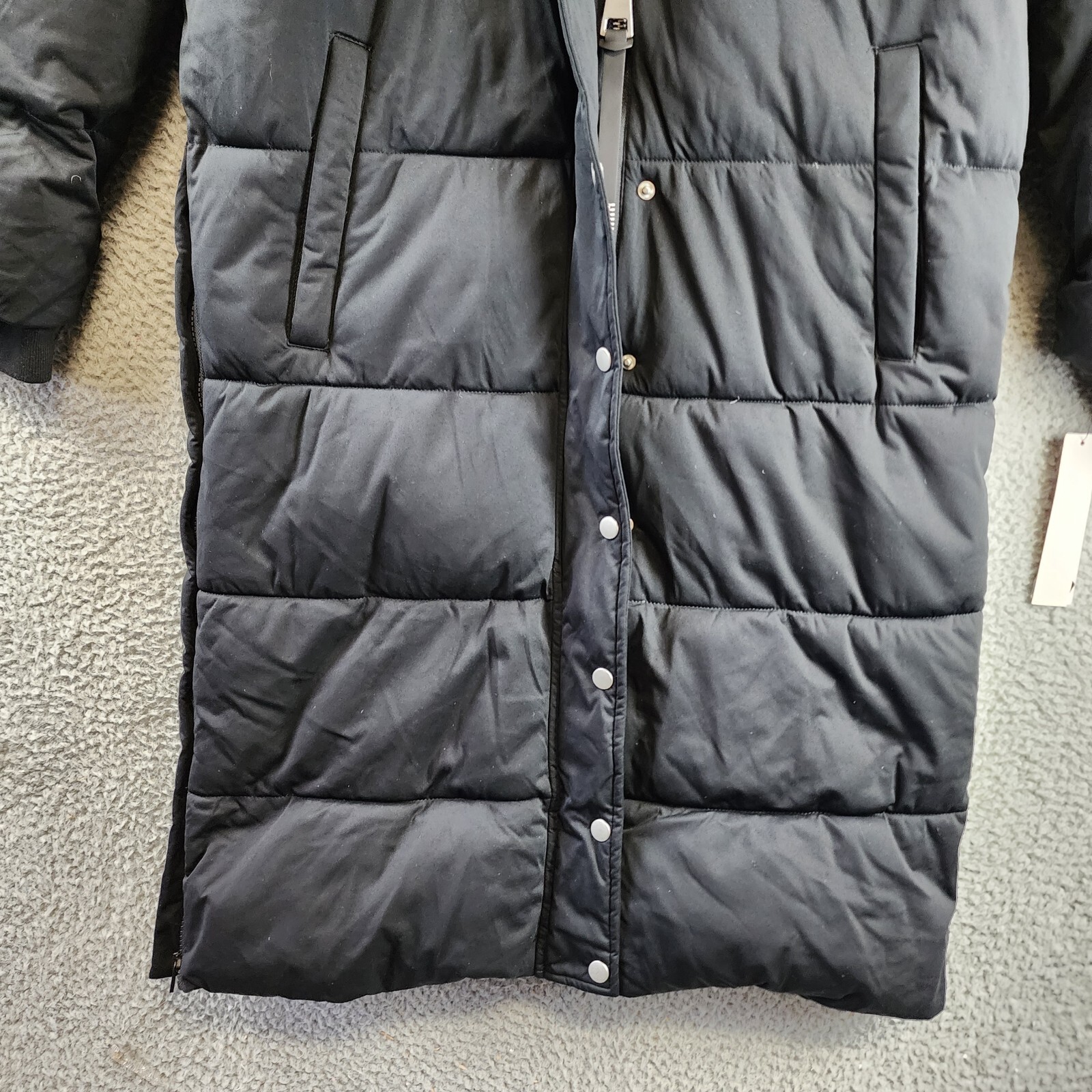 AQUA Long Hooded Puffer Coat Women's Small Black Fixed Drawstring Snap Closure - Picture 5 of 12