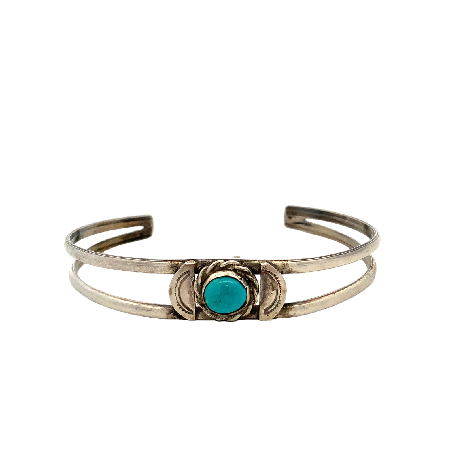 Vintage Sterling Native American Navajo Etch Turquoise Stone Cuff Bracelet Sz 6