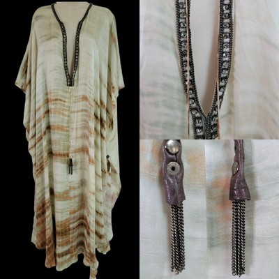 Silk Ivory Brown Batik Rhinestone Embellished Robe Kaftan B & S Studio B* + S OS