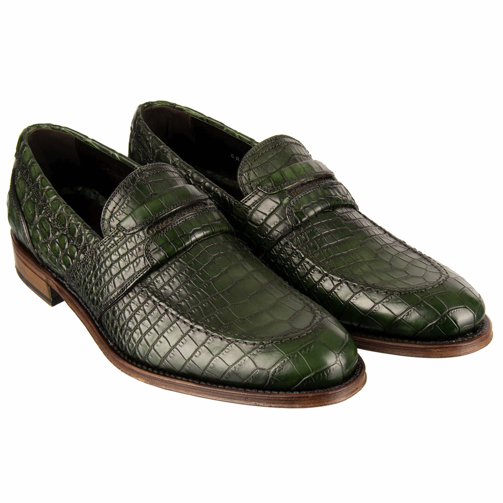 

DOLCE - GABBANA 4600 Мокасины из крокодиловой кожи NAPOLI Good Year Green Logo 08841, Зеленый