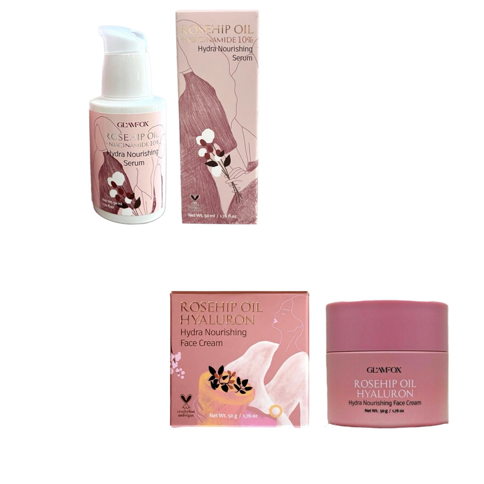 GLAMFOX Rosehip Oil Hyaluron Hydra Nourishing Face Cream & 10% Niacinamide Serum