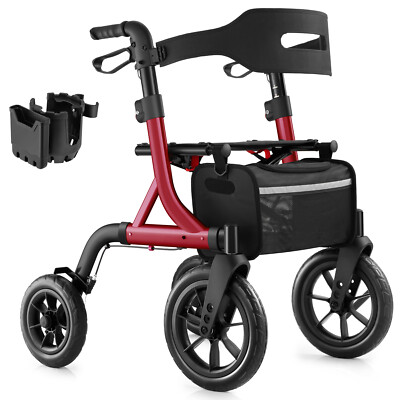 12''+10'' Rubber Wheels All-Terrain Rollator Walker with Seat Foldable Adjustable 