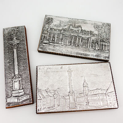 (3) Vtg Silver Metal Wooden Wall Plaque Embossed Warsaw Poland Polish Scenes 