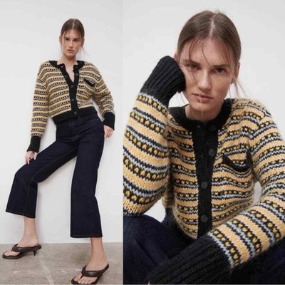 ZARA Jacquard Knit Wool Alpaca Blend Heart Fair Isle Cardigan Size Medium NEW
