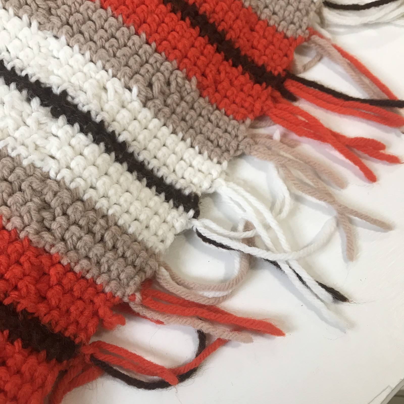 Vintage Hand Crocheted Granny Afghan Blanket Throw Brown Orange White