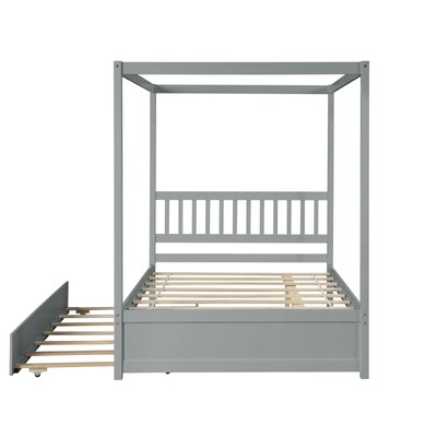Full Size Canopy Bed with Twin Trundle, Solid Wood Platform Frame w/ Headboard