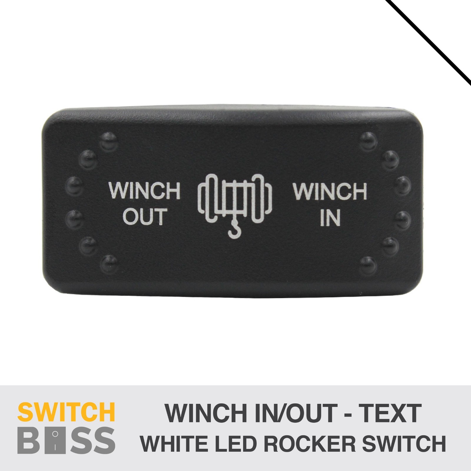 Winch In Out (Text) Momentary LASER ETCHED Horizontal Rocker Switch WHITE LED