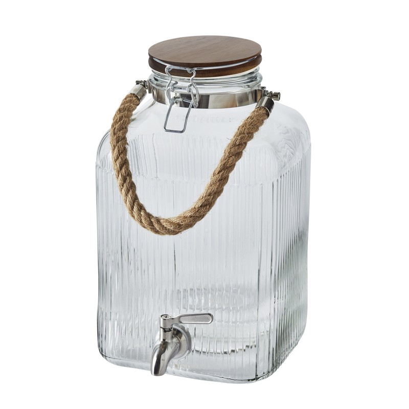 Glass 2 Gallon Ribbed Beverage Dispenser with Acacia Woo