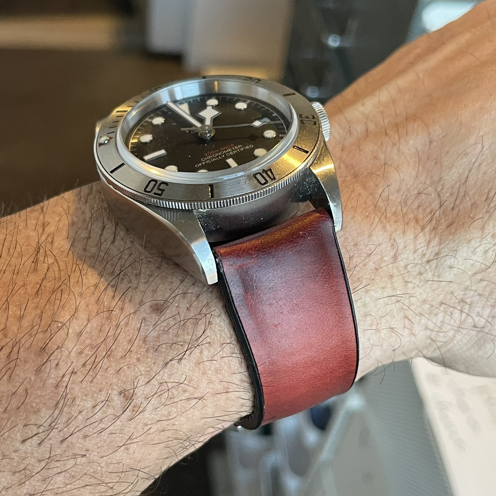 20mm Waterproof Dark RED Distressed Leather Watch Band Strap Black Rubber Bottom