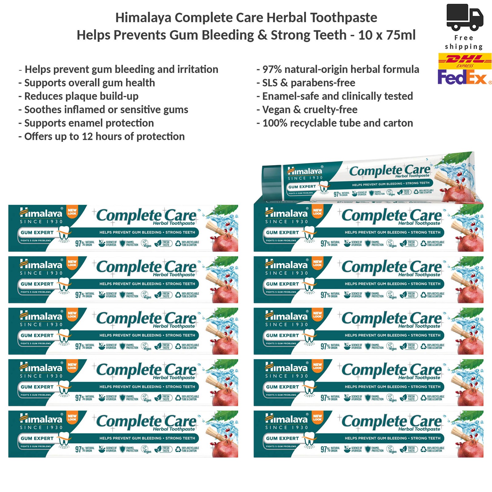 Himalaya Complete Care Herbal Toothpaste for Gum Bleeding, Strong Teeth 10x75ml