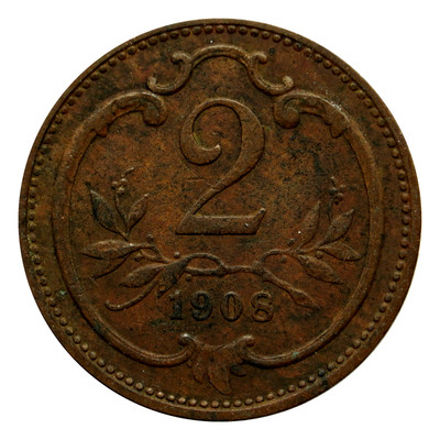 1908 Austro-Hungarian Monarchy 2 Heller Coin, km2801 - Excellent Coin  
