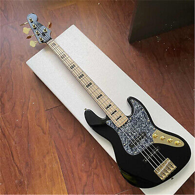 Black Jazz Bass Electric Guitar 5 String SS Pickup Maple Fretboard Gold Hardware