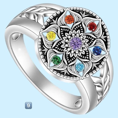 Lotus Fashion* Ring 7-Healing-Crystals Chakra Unisex Meditation Yoga Size 9