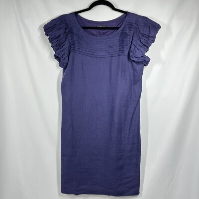 Benetton Sisley 100% Linen Dress M Pleated Accent Purple Boho Classic Italy