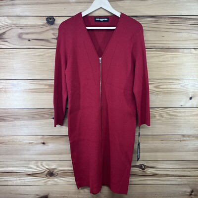 Karl Lagerfeld Dress XL Red Ribbed Sheath Full Zip Long Sleeve V-Neck Tight B166