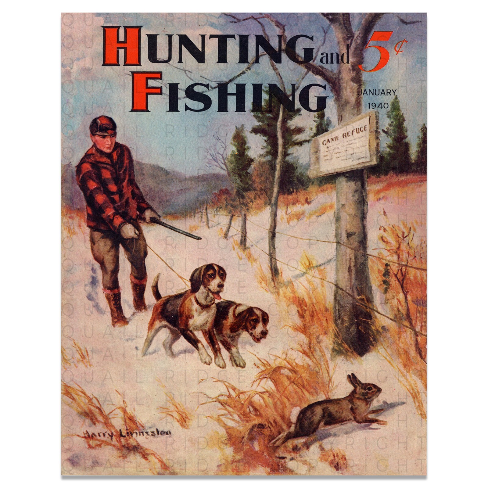 Vintage Rabbit Hunting Fishing Magazine Art Print Beagle Dogs Cabin Wall Decor 