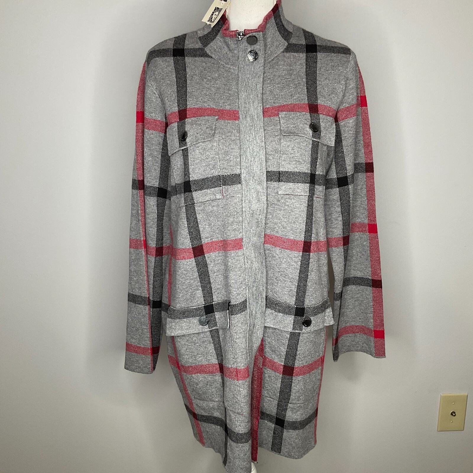 Anne Klein Sweater Jacket Full Zip Heather Gay Plaid Womens Anne Klein Sweater Jacket Full Zip Heather Gay Plaid Womens