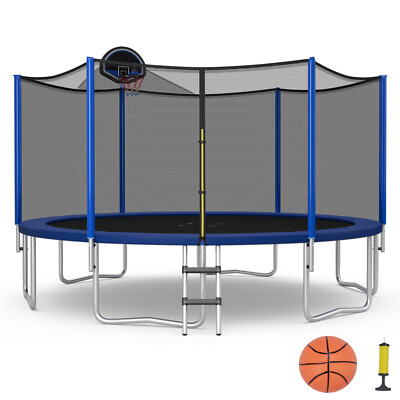 16FT Outdoor Large Trampoline Safety Enclosure Net w/ Basketball Hoop Stepper