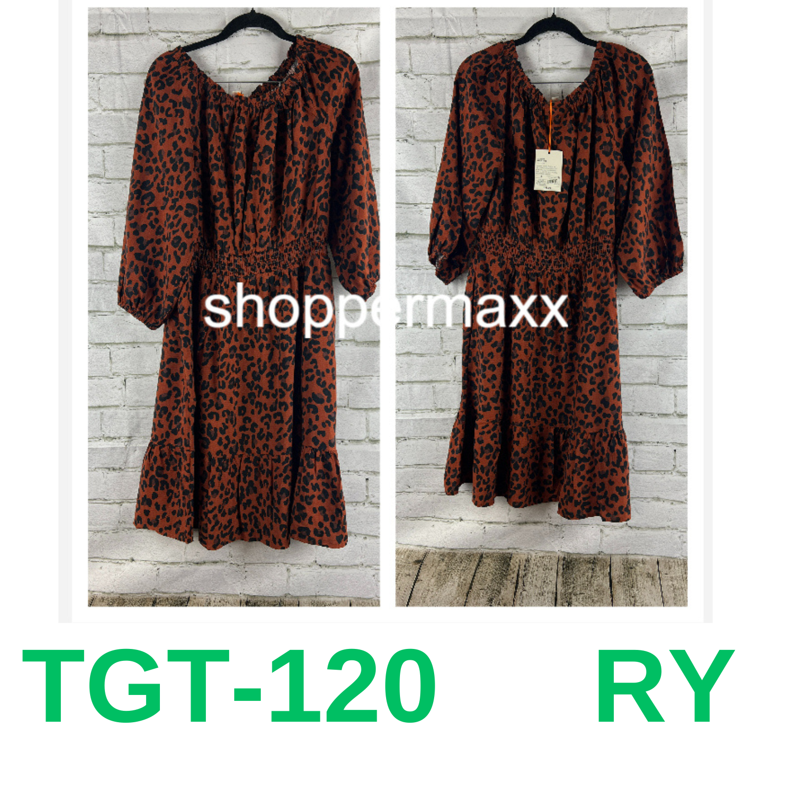 Women's Long Sleeve Smocked A-Line Dress - Knox Rose Dark Brown Leopard Print, S