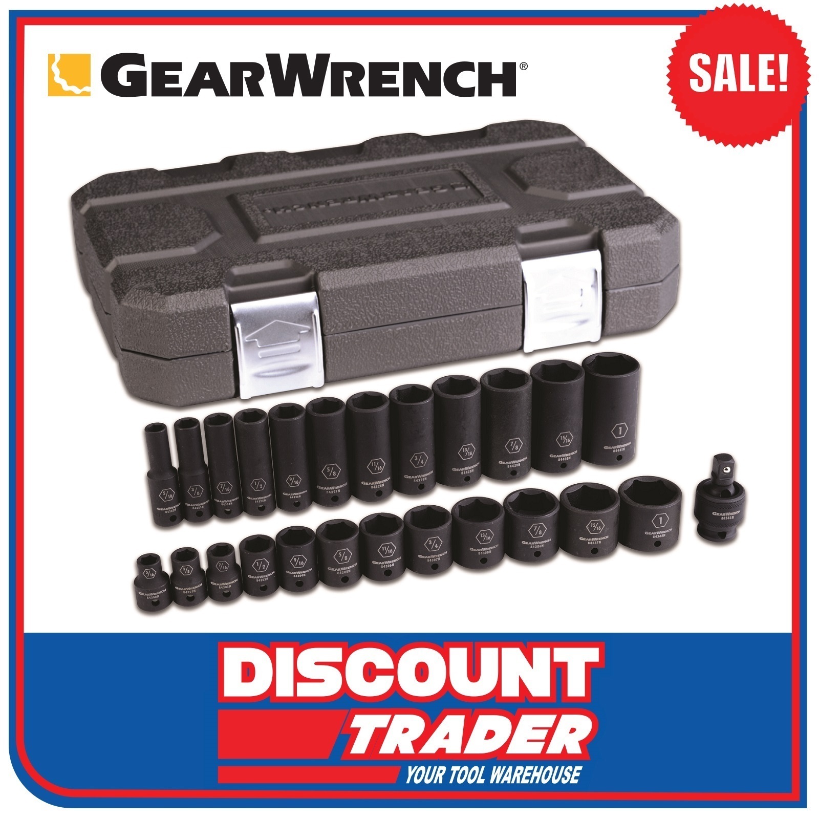 GearWrench 25Pc 3/8" Drive 6 Point SAE Standard/Deep Impact Socket Set