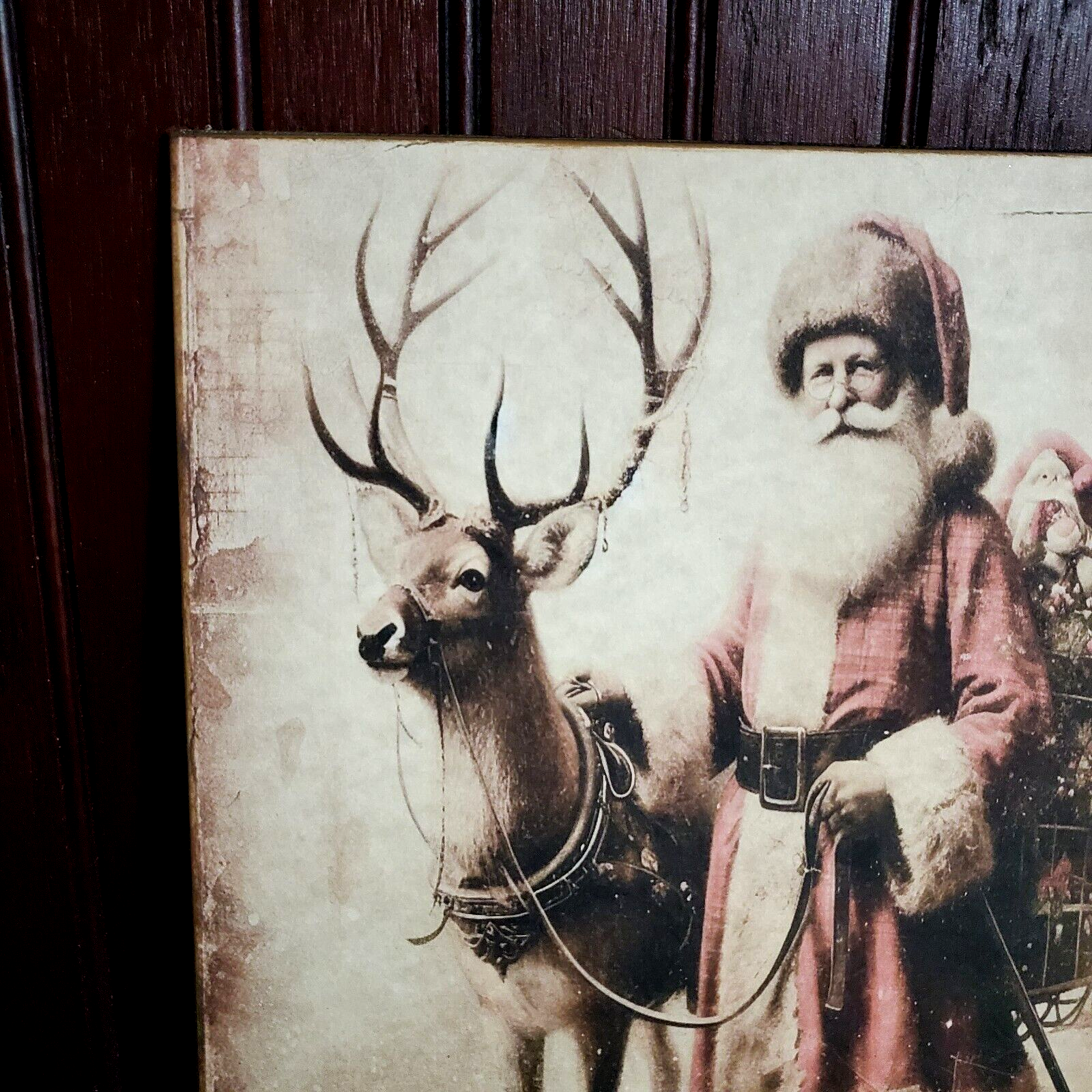 STUNNING SHABBY VINTAGE PRIMITIVE VICTORIAN FOLK STYLE CHRISTMAS SANTA DEER SIGN
