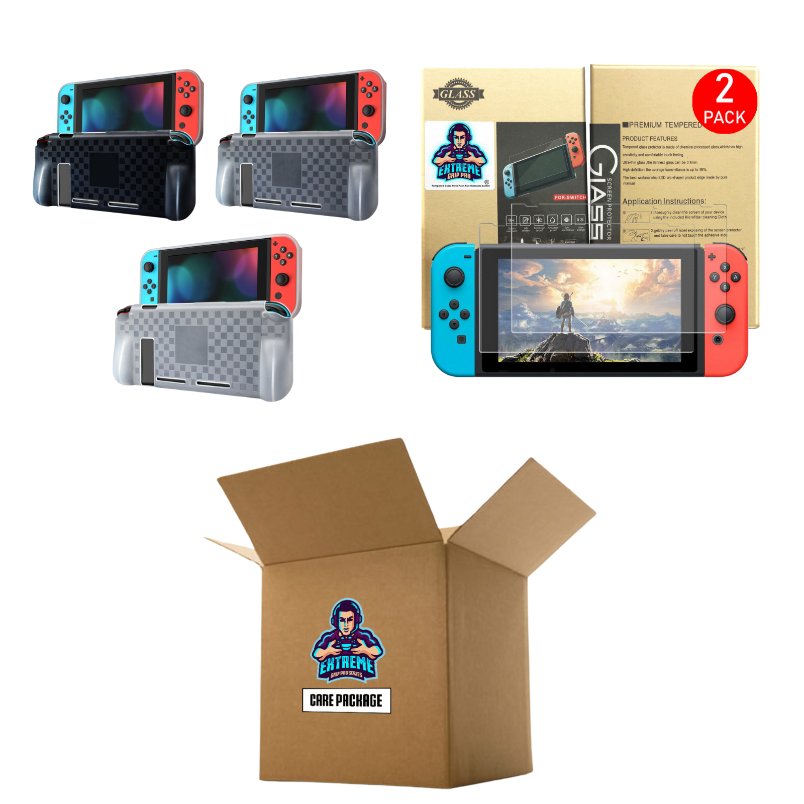 Tempered Glass Screen Protector (2 PACK) & Grip Case For Nintendo Switch Bundle