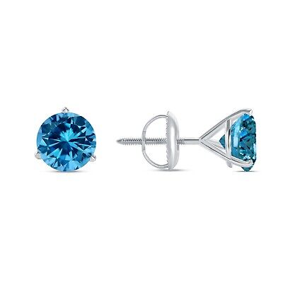 Pre-owned Shine Brite With A Diamond 4.50 Ct Round Cut Blue Earrings Studs Solid 18k White Gold Screw Back Martini