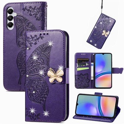 For iPhone Samsung Huawei Diamond 2D Butterfly Card Wallet Phone Case Flip Stand