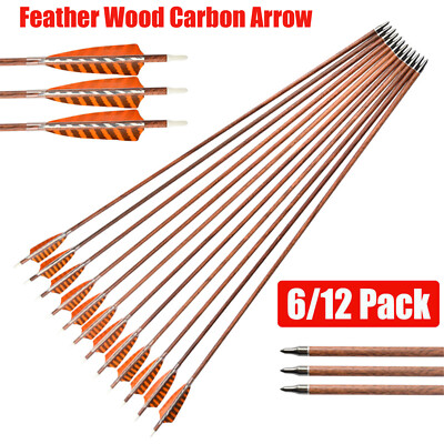 30'' Feather Carbon Arrows SP400 Wooden Skin Shaft Archery Bow Target Shooting