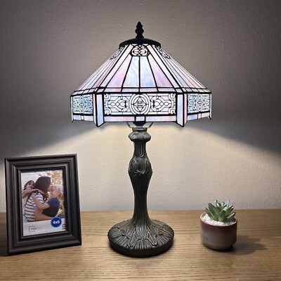 Tiffany Style Table Lamp Sky Color Hexagon Stained Glass Included LED Bulb H19 
