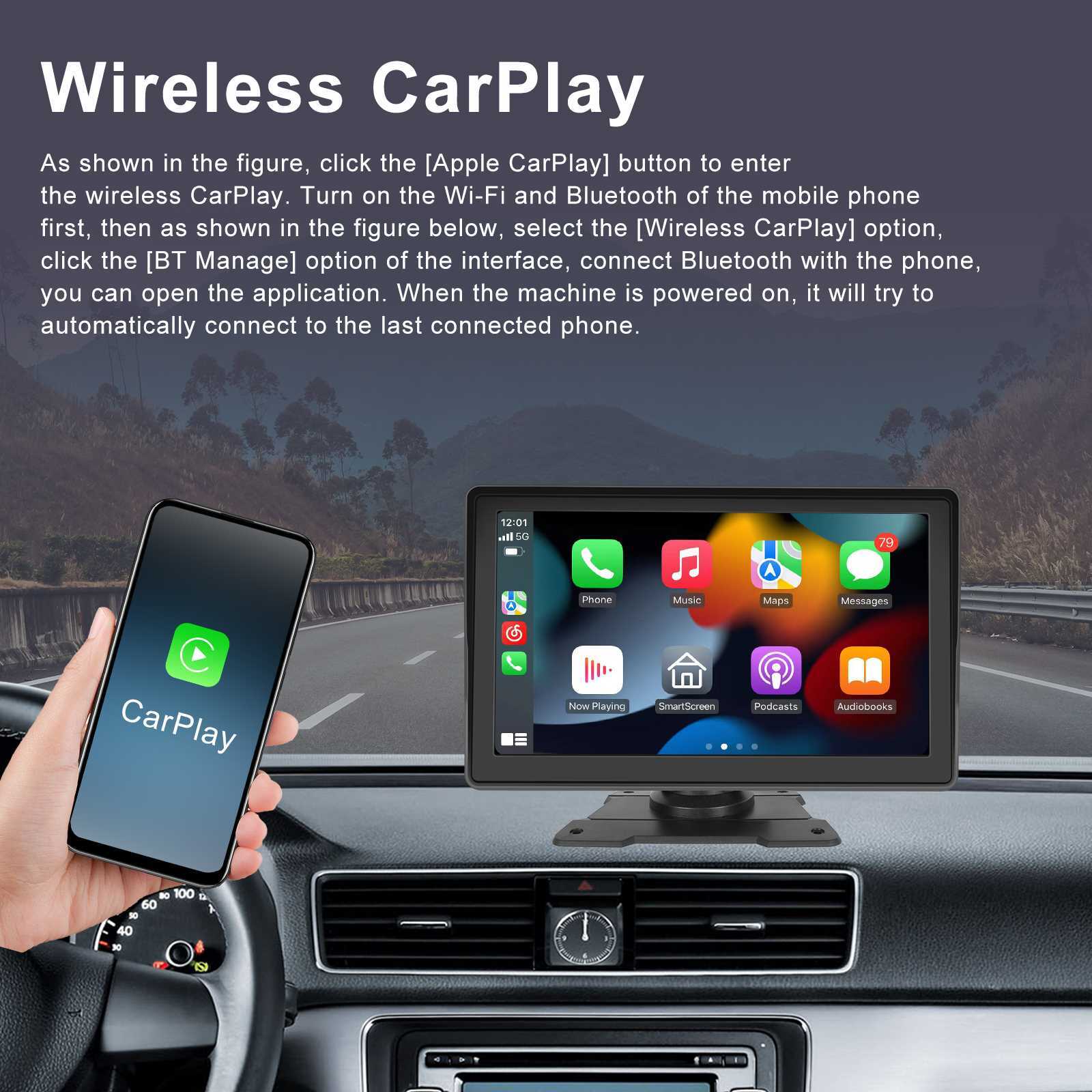 7" Portable Wireless Apple Carplay Car Stereo Android Auto BT Touch Screen Radio