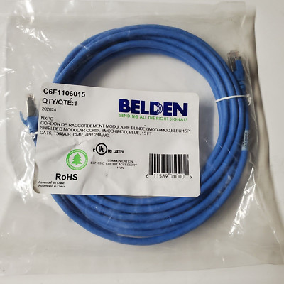Belden 15 ft CAT6 Ethernet Patch Cable RJ45 Plug Blue C6F1106015