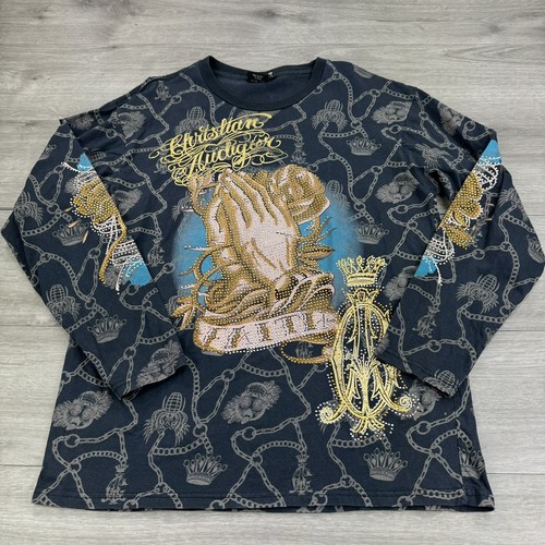 トップス Christian Audigier double sleeve shirt Christian Audigier Men's Small Skull Roses Double Sleeve T