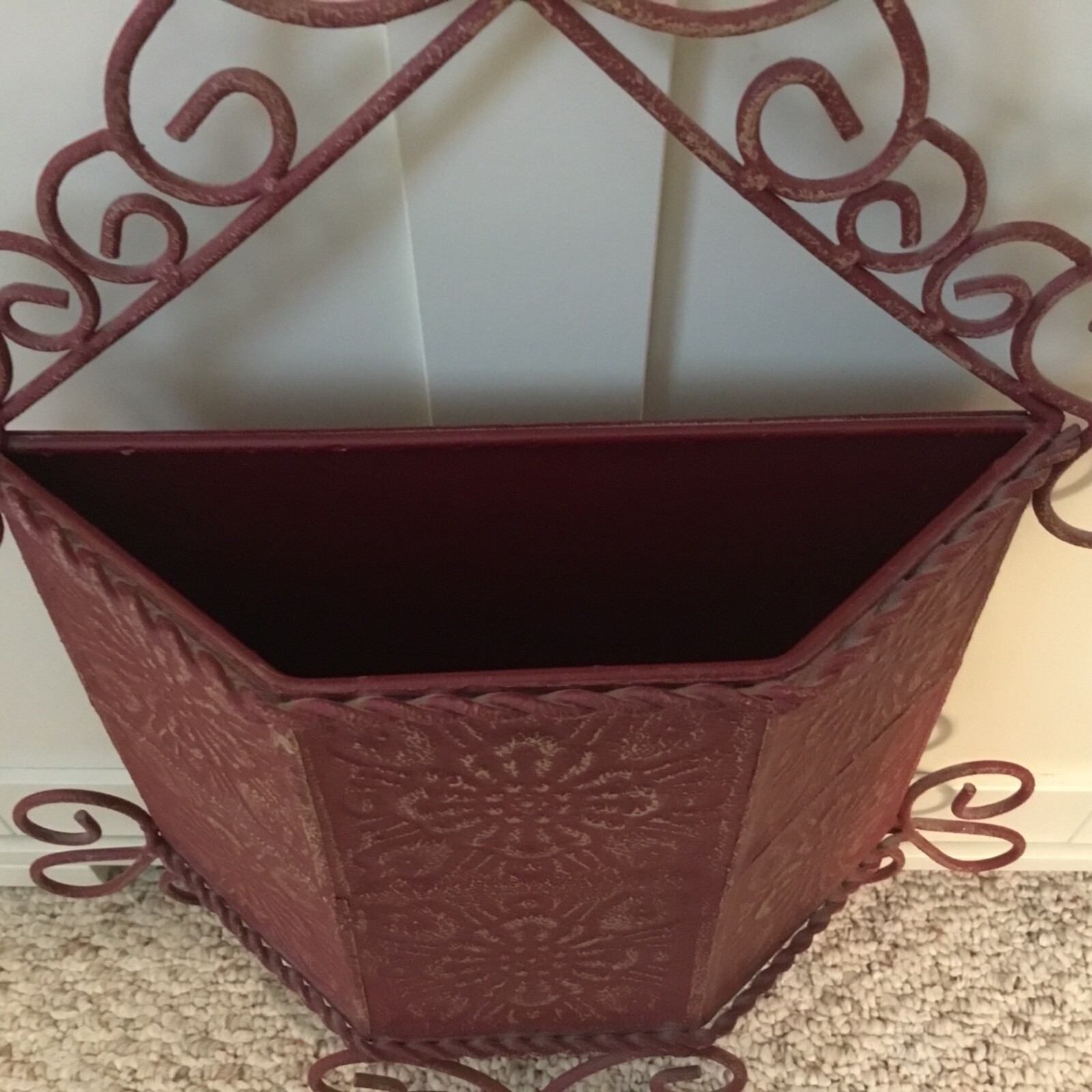 Metal Wall Pocket Distressed Embossed Pattern Wire Hanging Wall Decor Red