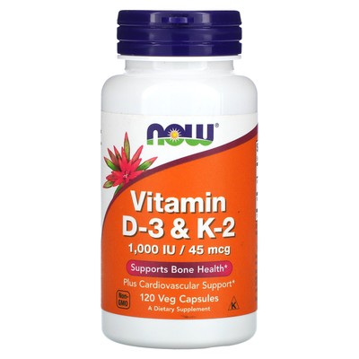 Now Foods Витамин D-3 K-2 1000 МЕ 45 мкг 120 растительных капсул Качество GMP