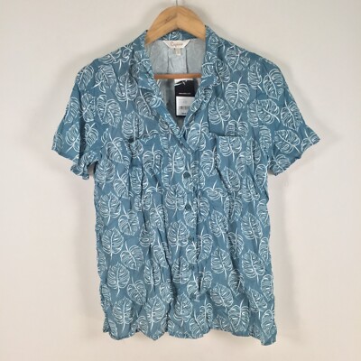 NEW Capture womens blouse shirt size 10 blue leaf print short sleeve 085688