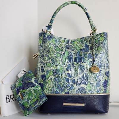  Brahmin Amelia Bucket Green Viper Mackay Leather Shoulder Bag + Wallet NWT