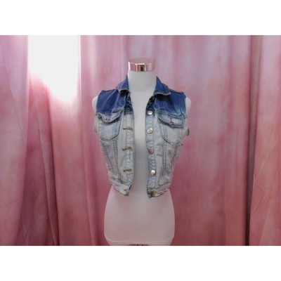 FOREVER 21 Ombre Cropped Denim Vest Women XS Blue Frayed Pockets