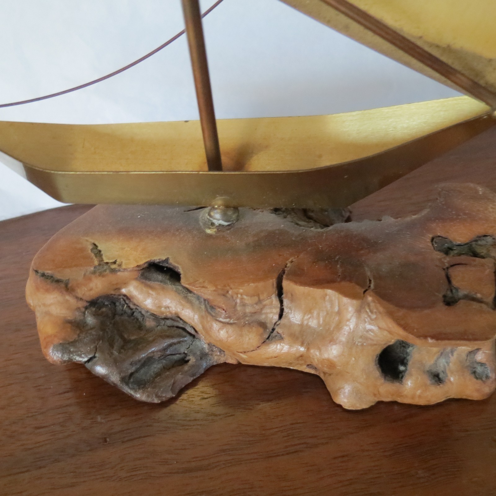 Vtg Brass Sailboat on Driftwood Nautical Sculpture MCM Jere Era Table top
