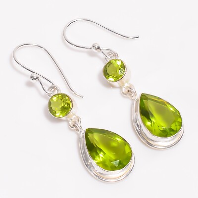 Natural Peridot Gemstone Drop/Dangle Ethnic Earrings 925 Sterling Silver Jewelry